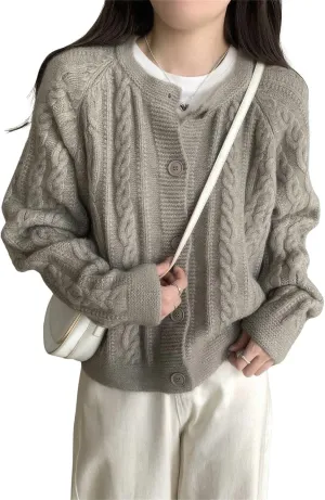 ebossy Women's Cropped Cable Knit Cardigan Long Sleeve Button Down Slouchy Loose Chunky Sweater Coat