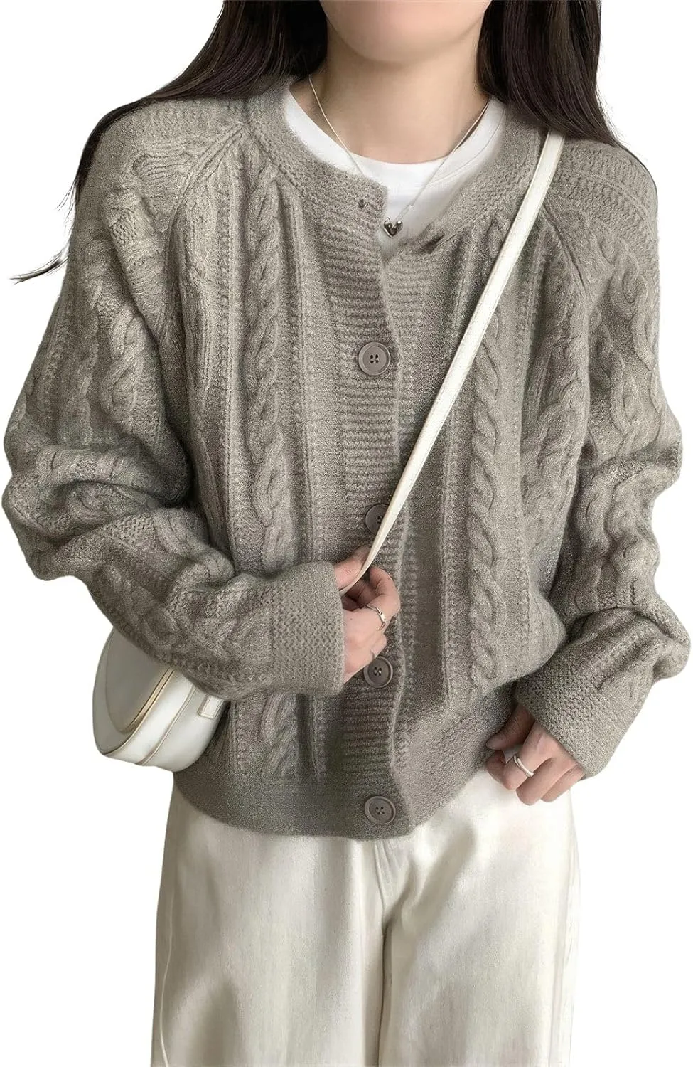 ebossy Women's Cropped Cable Knit Cardigan Long Sleeve Button Down Slouchy Loose Chunky Sweater Coat