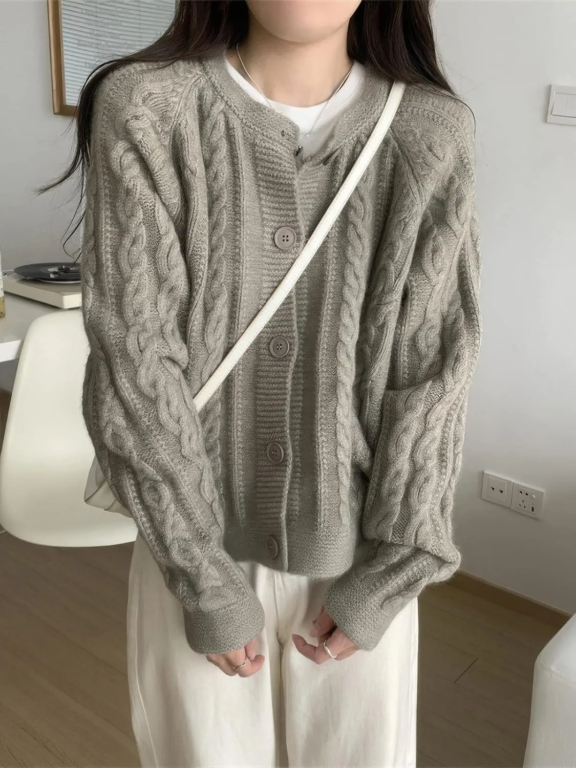 ebossy Women's Cropped Cable Knit Cardigan Long Sleeve Button Down Slouchy Loose Chunky Sweater Coat