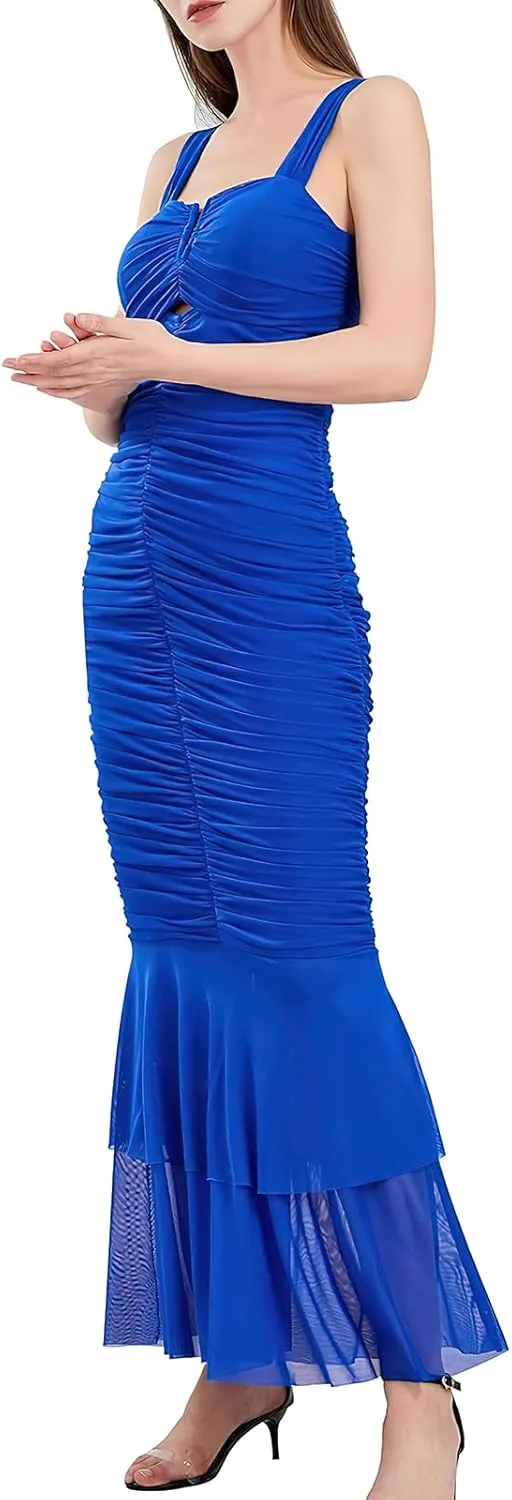ebossy Women's Sexy Backless Zipper Pleated Ruffles Mermaid Fishtail Evening Party Bodycon Maxi Dress