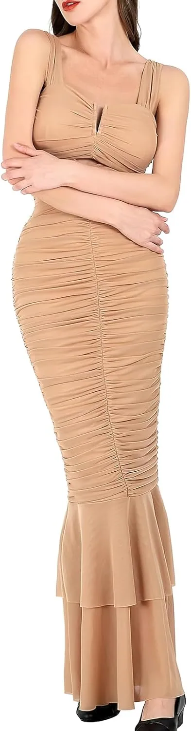 ebossy Women's Sexy Backless Zipper Pleated Ruffles Mermaid Fishtail Evening Party Bodycon Maxi Dress