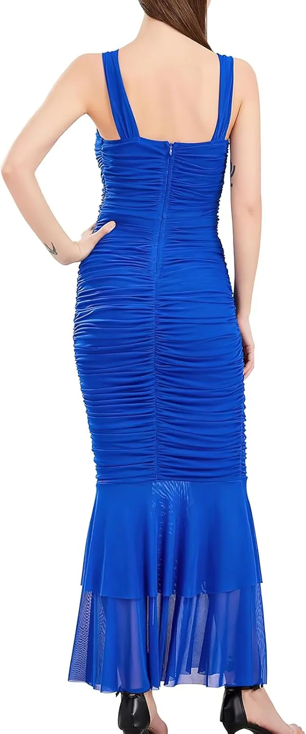 ebossy Women's Sexy Backless Zipper Pleated Ruffles Mermaid Fishtail Evening Party Bodycon Maxi Dress
