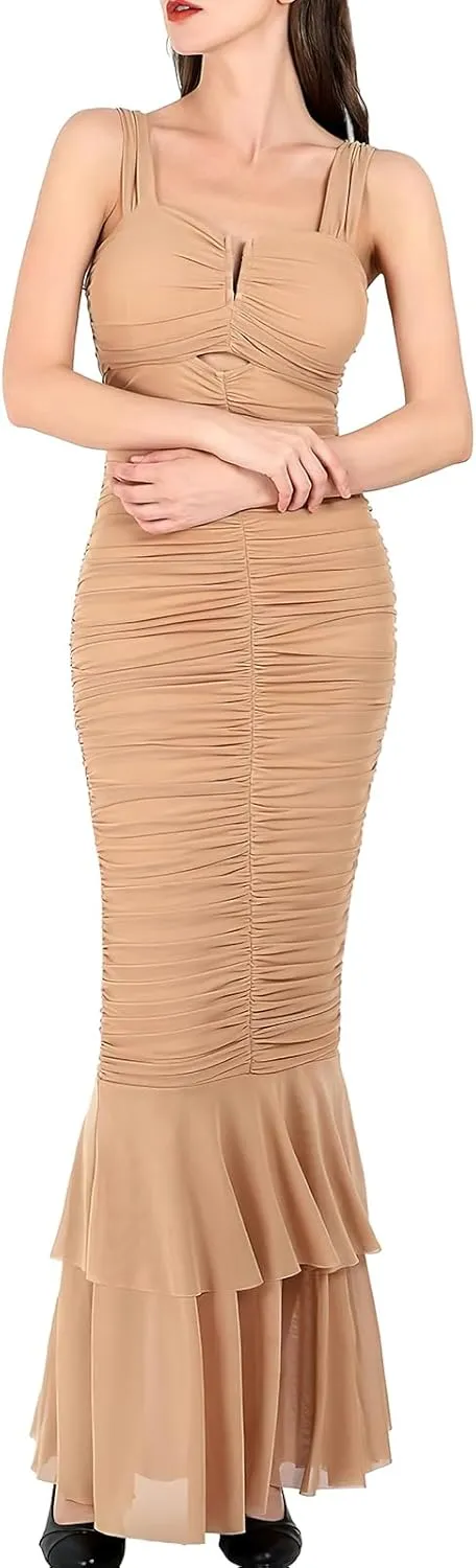 ebossy Women's Sexy Backless Zipper Pleated Ruffles Mermaid Fishtail Evening Party Bodycon Maxi Dress
