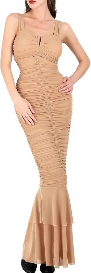 ebossy Women's Sexy Backless Zipper Pleated Ruffles Mermaid Fishtail Evening Party Bodycon Maxi Dress