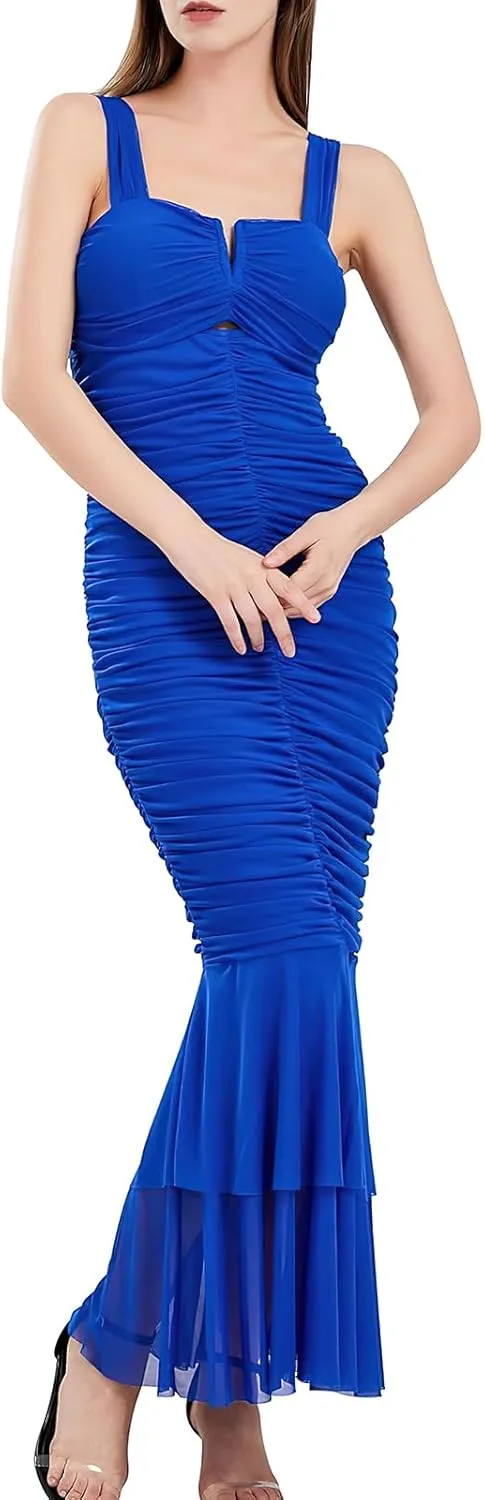 ebossy Women's Sexy Backless Zipper Pleated Ruffles Mermaid Fishtail Evening Party Bodycon Maxi Dress
