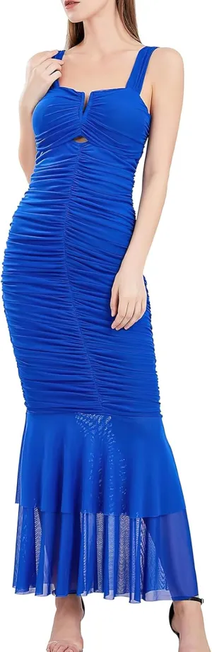 ebossy Women's Sexy Backless Zipper Pleated Ruffles Mermaid Fishtail Evening Party Bodycon Maxi Dress