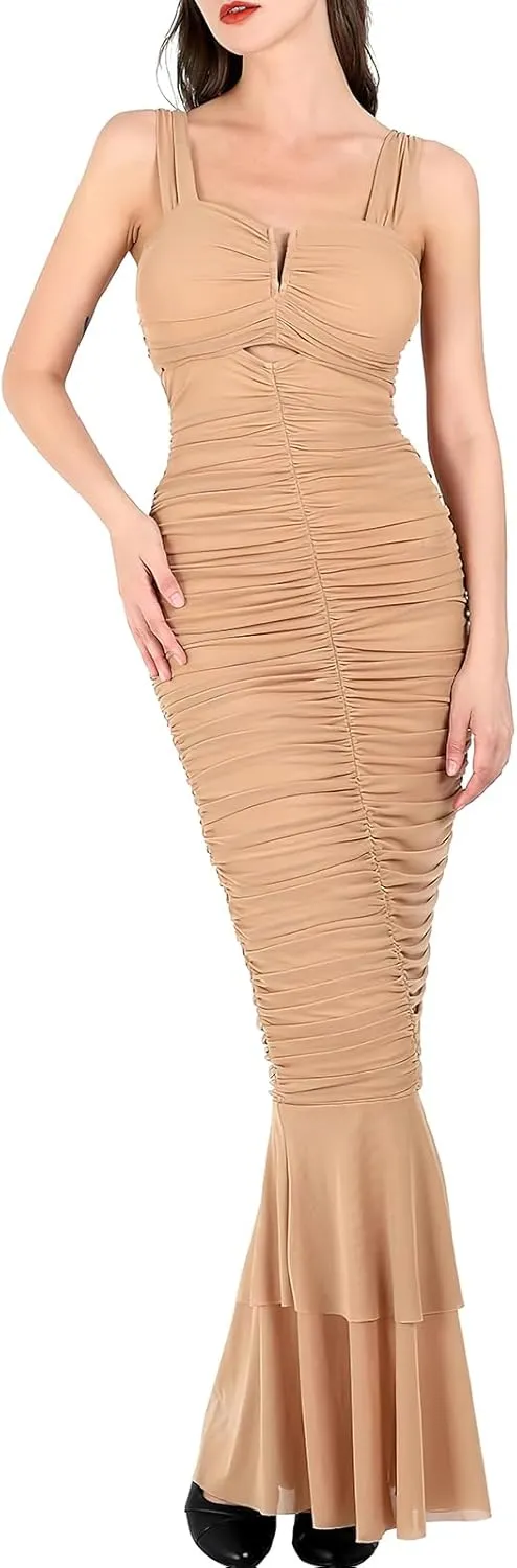 ebossy Women's Sexy Backless Zipper Pleated Ruffles Mermaid Fishtail Evening Party Bodycon Maxi Dress