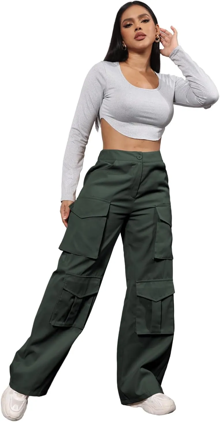 ECHOINE Baggy Cargo Pants for Women Multiple Pockets Jogger Wide Leg High Waist Loose Pocket Y2K Pants S XXL