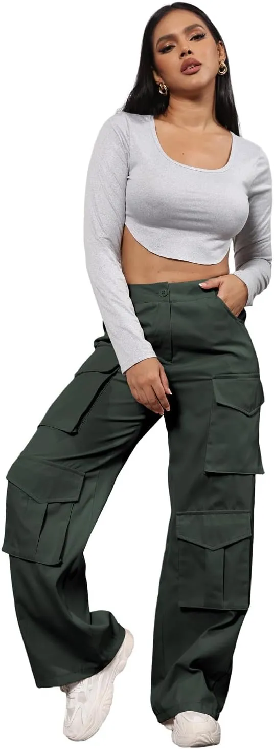 ECHOINE Baggy Cargo Pants for Women Multiple Pockets Jogger Wide Leg High Waist Loose Pocket Y2K Pants S XXL