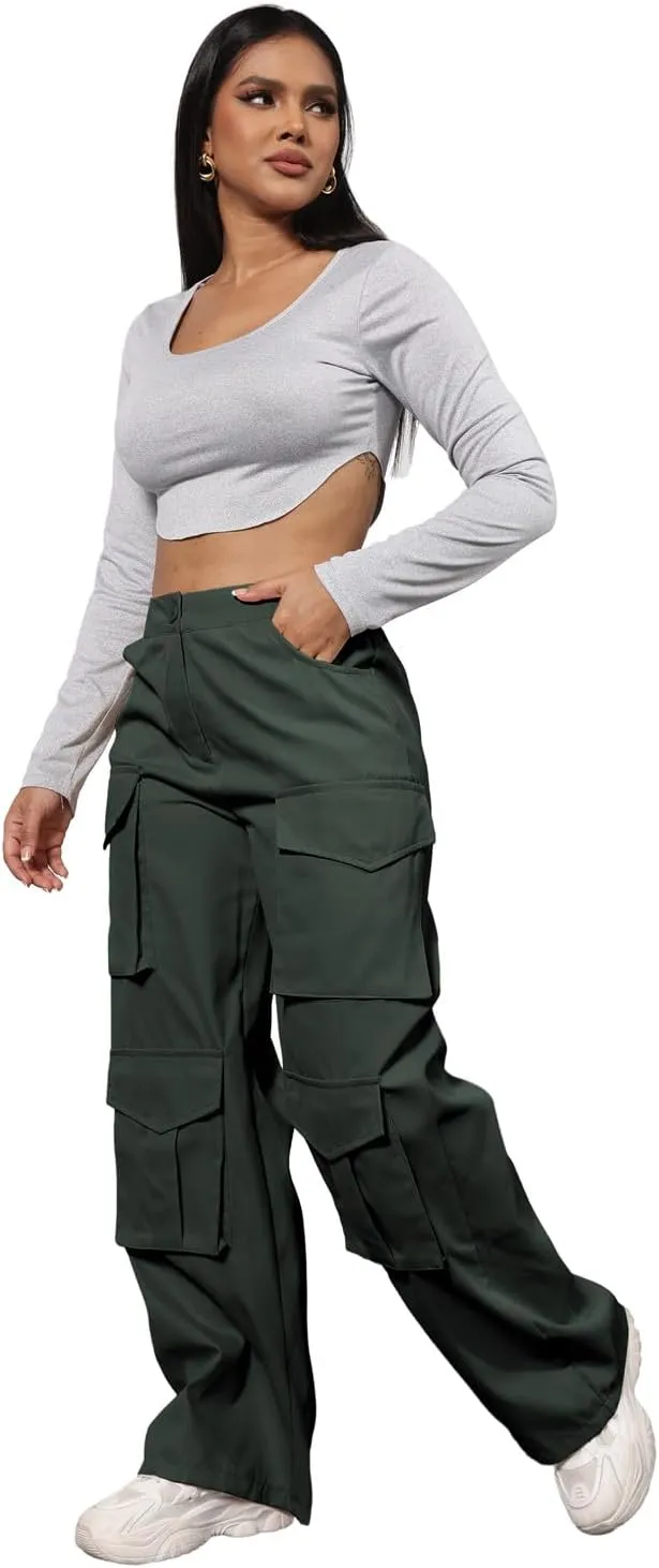 ECHOINE Baggy Cargo Pants for Women Multiple Pockets Jogger Wide Leg High Waist Loose Pocket Y2K Pants S XXL