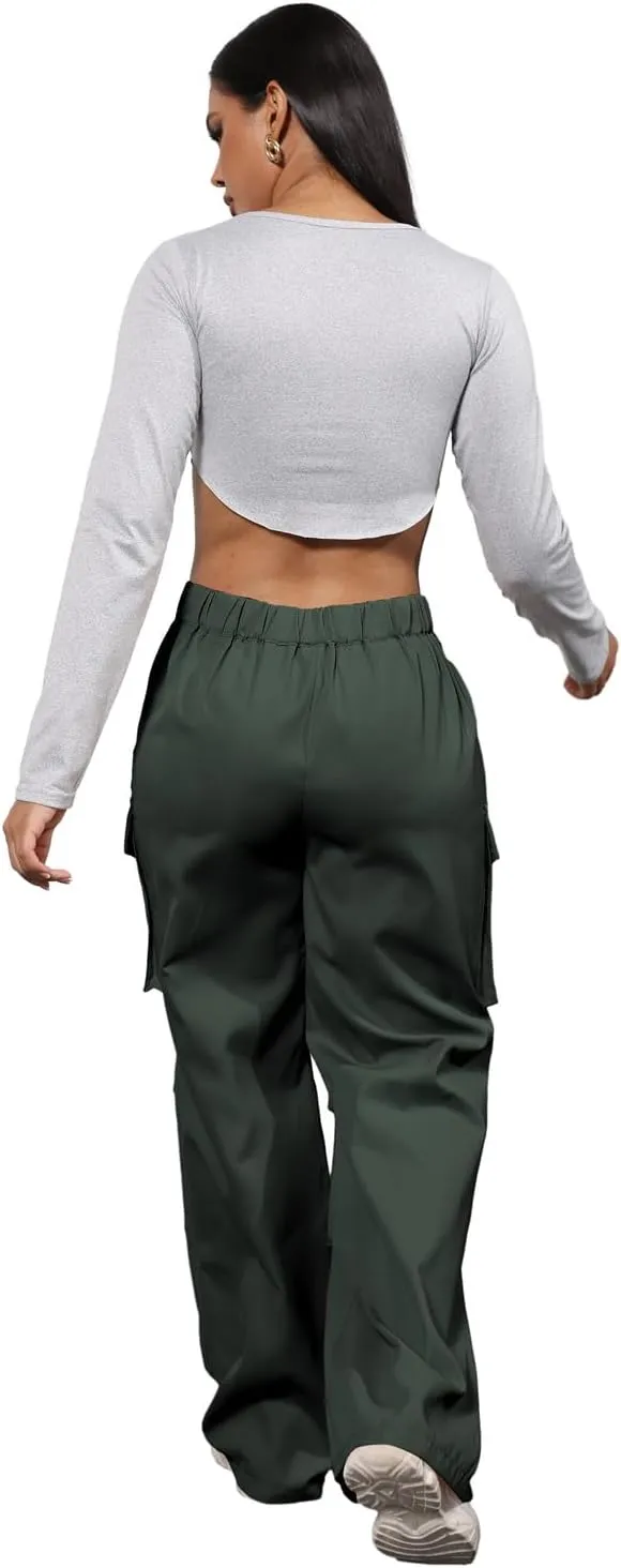 ECHOINE Baggy Cargo Pants for Women Multiple Pockets Jogger Wide Leg High Waist Loose Pocket Y2K Pants S XXL