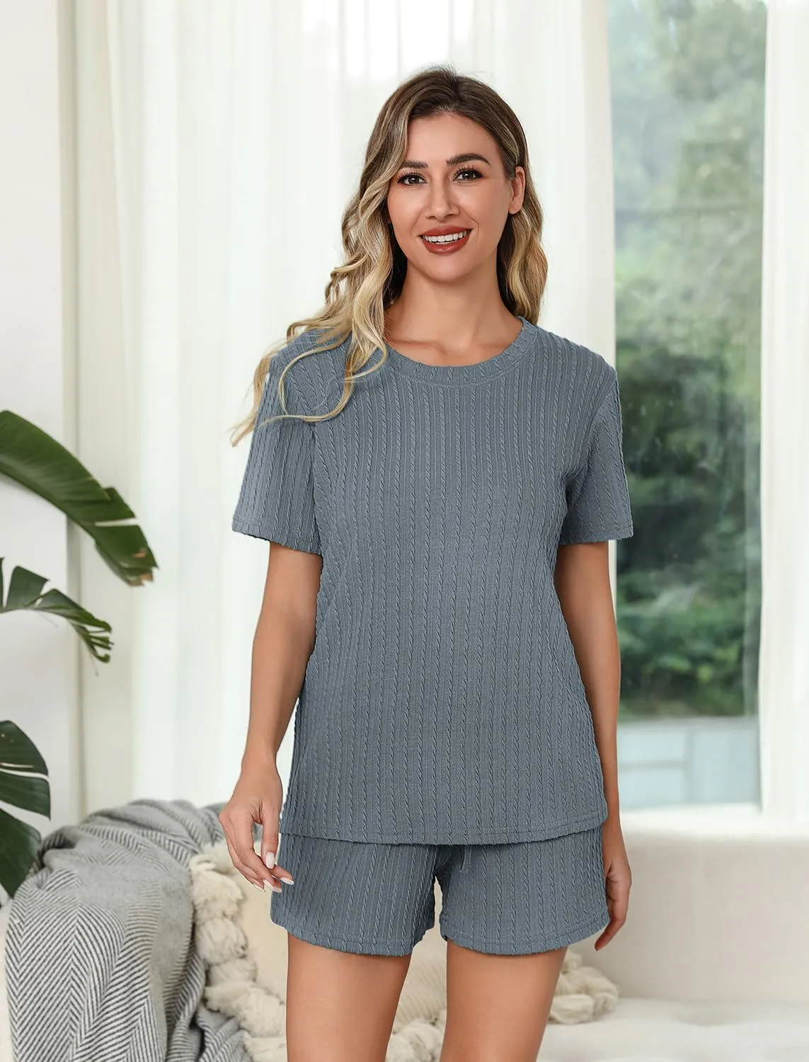 EISHOPEER Matching Pajamas for Couples Ribbed Knit Pajama Short Sleeve Soft Sleepwear 2 Piece Loungewear S-XXL
