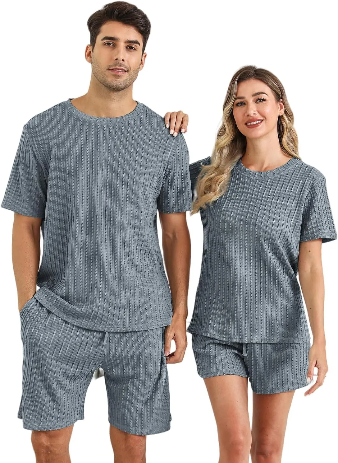 EISHOPEER Matching Pajamas for Couples Ribbed Knit Pajama Short Sleeve Soft Sleepwear 2 Piece Loungewear S-XXL