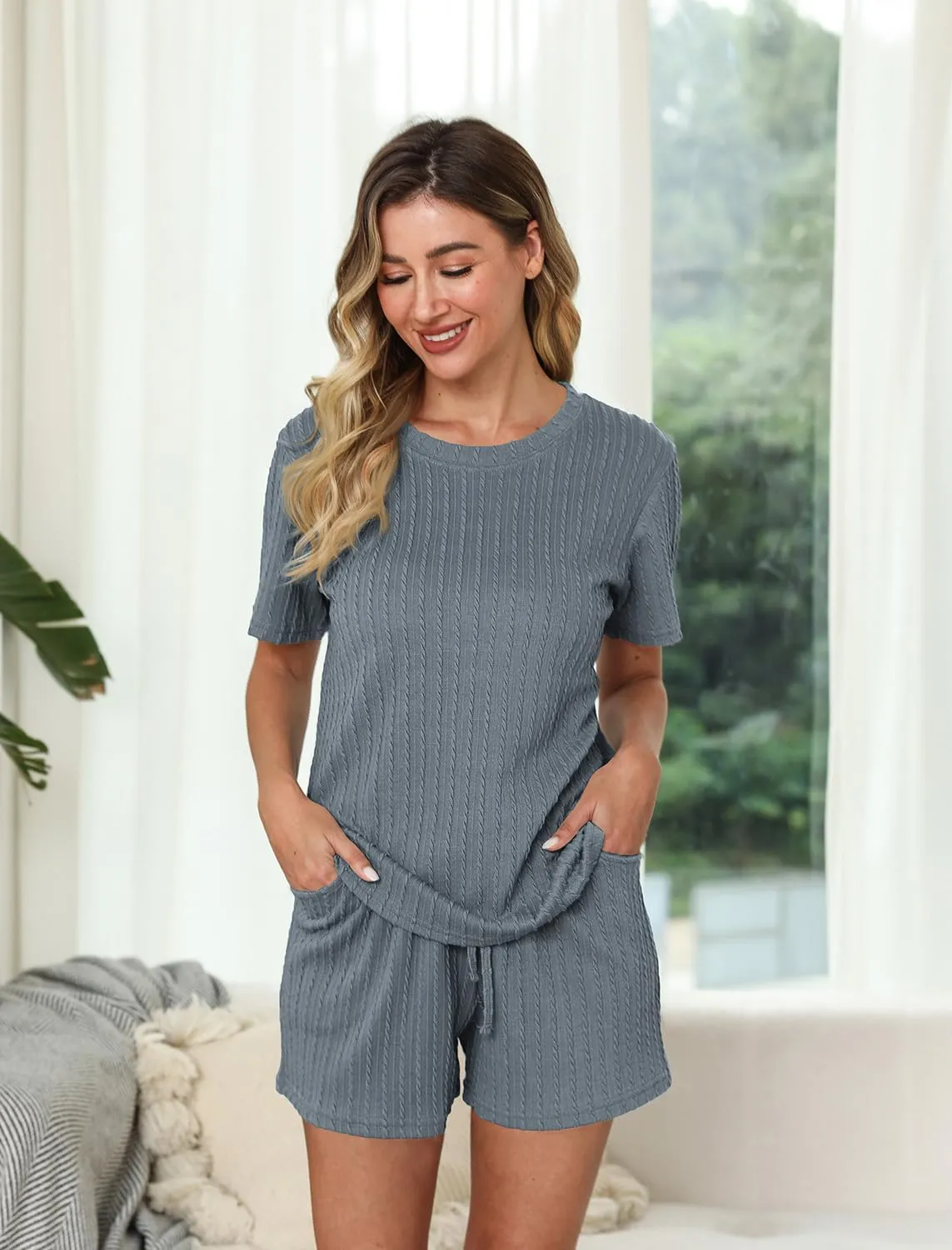 EISHOPEER Matching Pajamas for Couples Ribbed Knit Pajama Short Sleeve Soft Sleepwear 2 Piece Loungewear S-XXL
