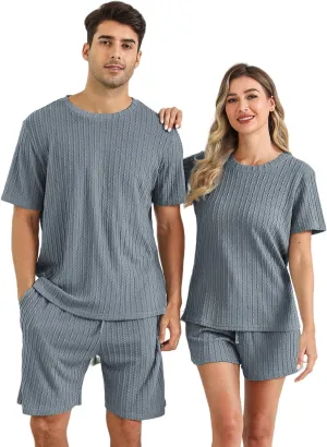EISHOPEER Matching Pajamas for Couples Ribbed Knit Pajama Short Sleeve Soft Sleepwear 2 Piece Loungewear S-XXL