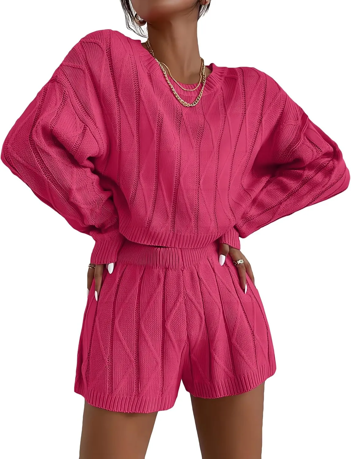 Ekouaer Knit Lounge Sets for Women 2 Piece Cozy Long Sleeve Pullover Sweater Top and Shorts Set Sweatsuit Outfits