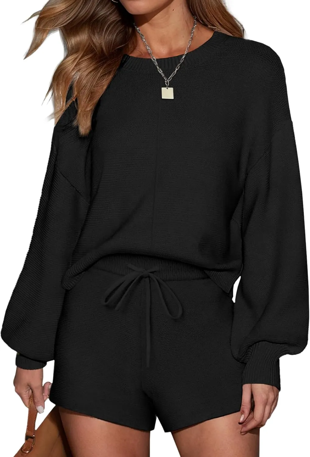 Ekouaer Womens 2 Piece Knit Sweatsuit Long Sleeve Tops and Shorts Pajamas Fashion Outfits Casual Lounge Set with Pockets