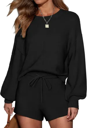 Ekouaer Womens 2 Piece Knit Sweatsuit Long Sleeve Tops and Shorts Pajamas Fashion Outfits Casual Lounge Set with Pockets