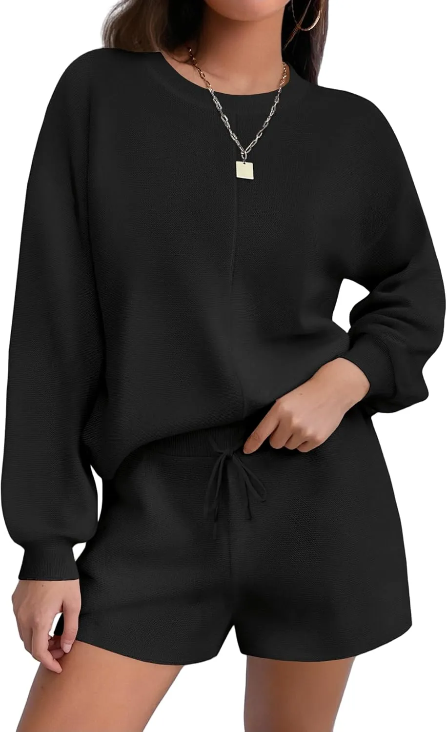 Ekouaer Womens 2 Piece Knit Sweatsuit Long Sleeve Tops and Shorts Pajamas Fashion Outfits Casual Lounge Set with Pockets