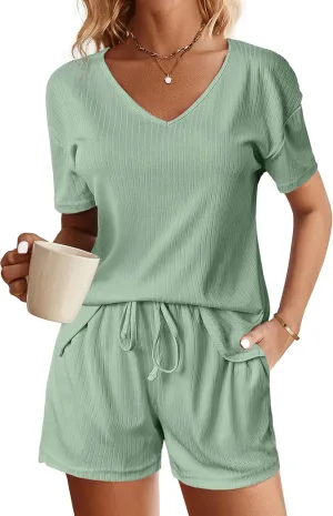 Ekouaer Womens Ribbed Knit Lounge Set Short Sleeve Top and Shorts Sleepwear Pajama Set Two Piece Shorts Outfits Set