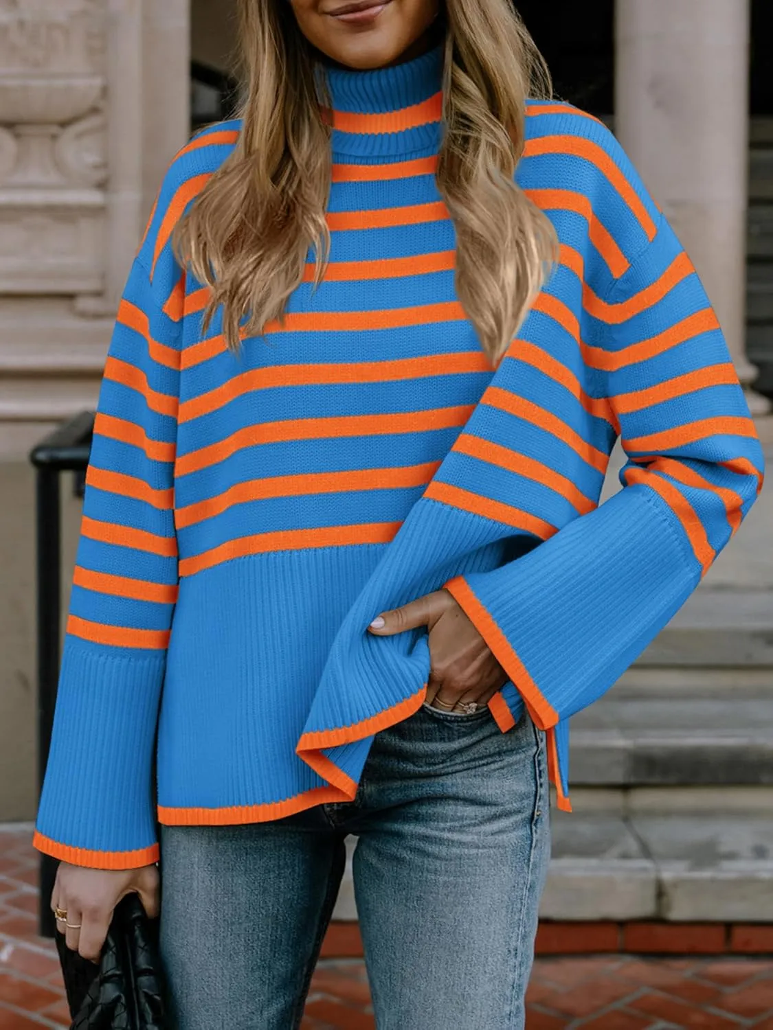 Fall Sweaters for Women Pullover Long Sleeve Turtleneck Striped Knit Tops Loose Casaul