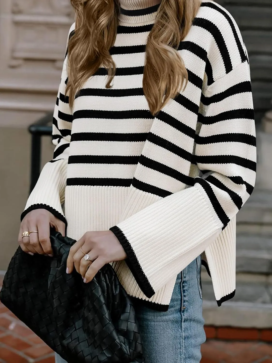 Fall Sweaters for Women Pullover Long Sleeve Turtleneck Striped Knit Tops Loose Casaul