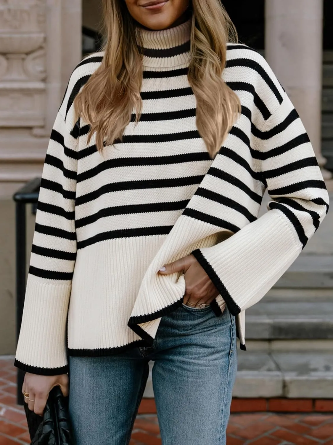 Fall Sweaters for Women Pullover Long Sleeve Turtleneck Striped Knit Tops Loose Casaul