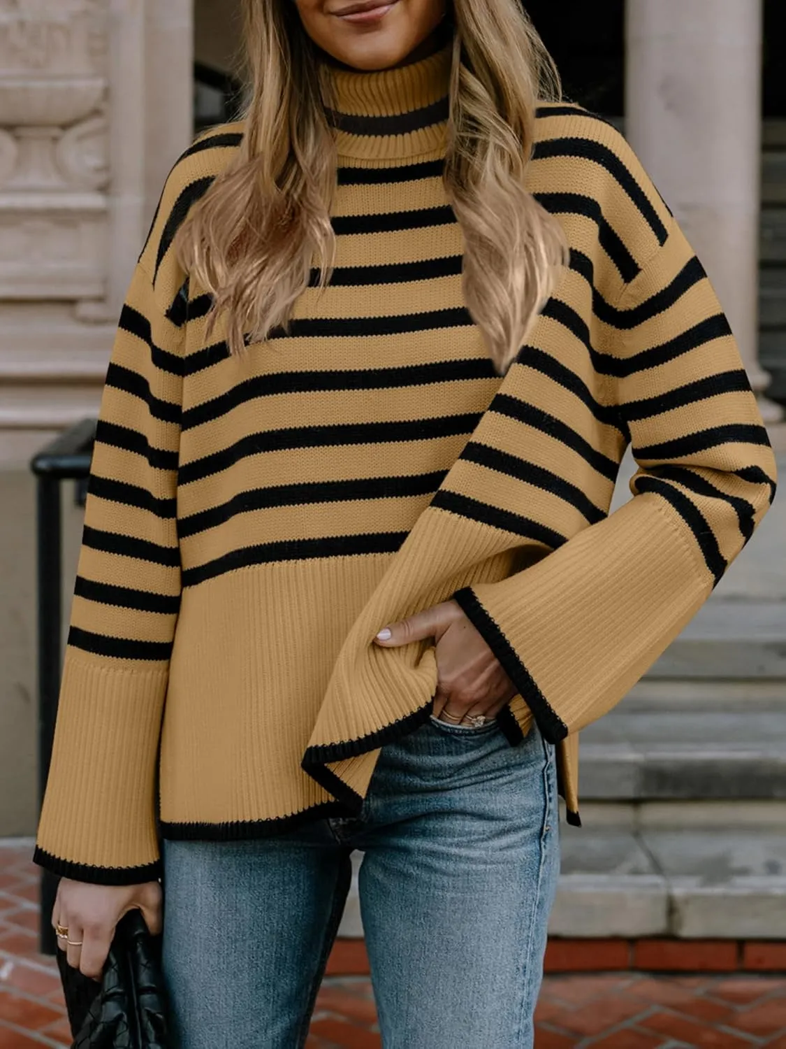 Fall Sweaters for Women Pullover Long Sleeve Turtleneck Striped Knit Tops Loose Casaul