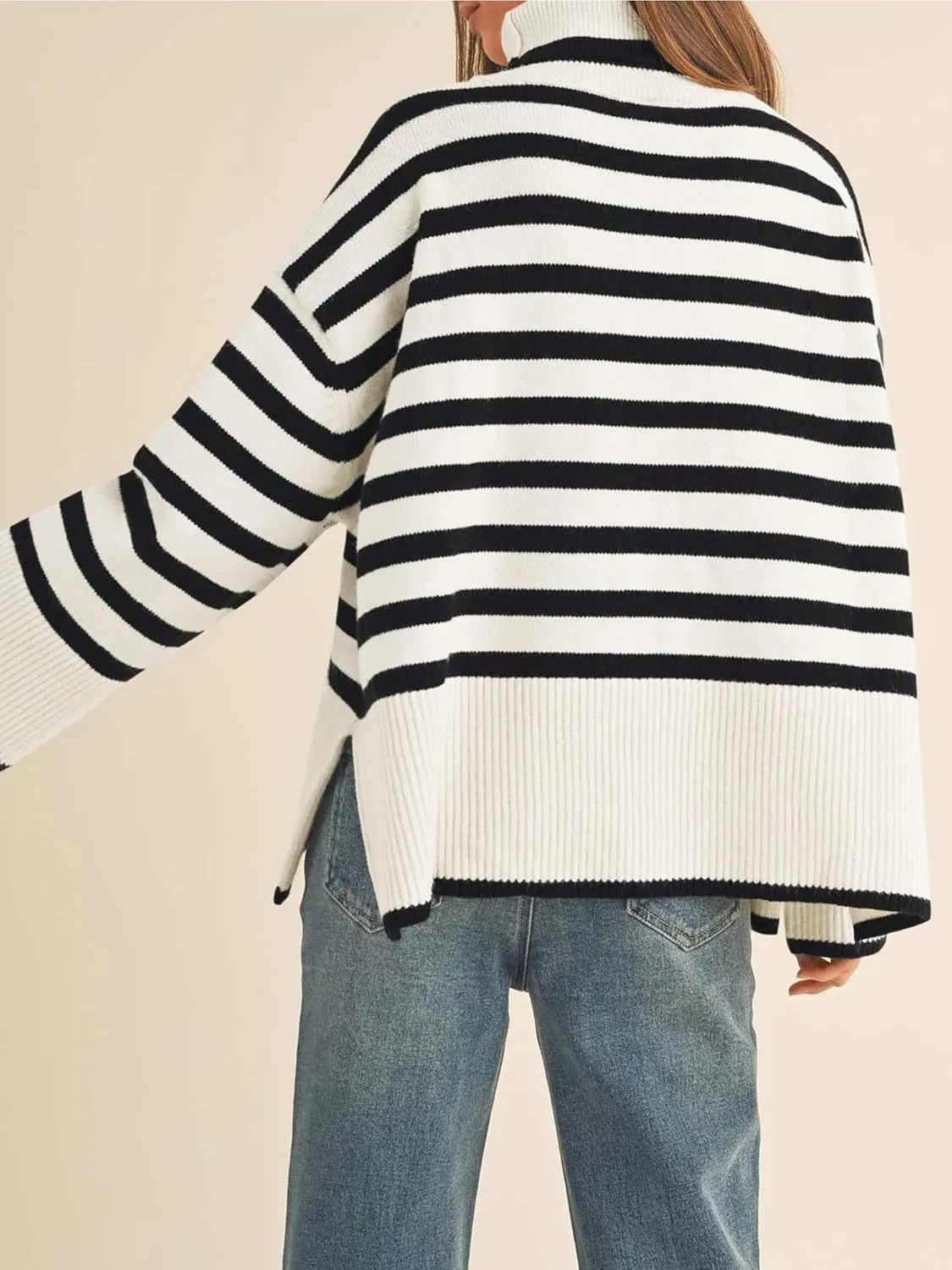 Fall Sweaters for Women Pullover Long Sleeve Turtleneck Striped Knit Tops Loose Casaul