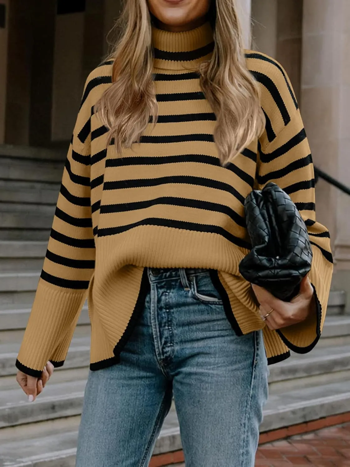 Fall Sweaters for Women Pullover Long Sleeve Turtleneck Striped Knit Tops Loose Casaul