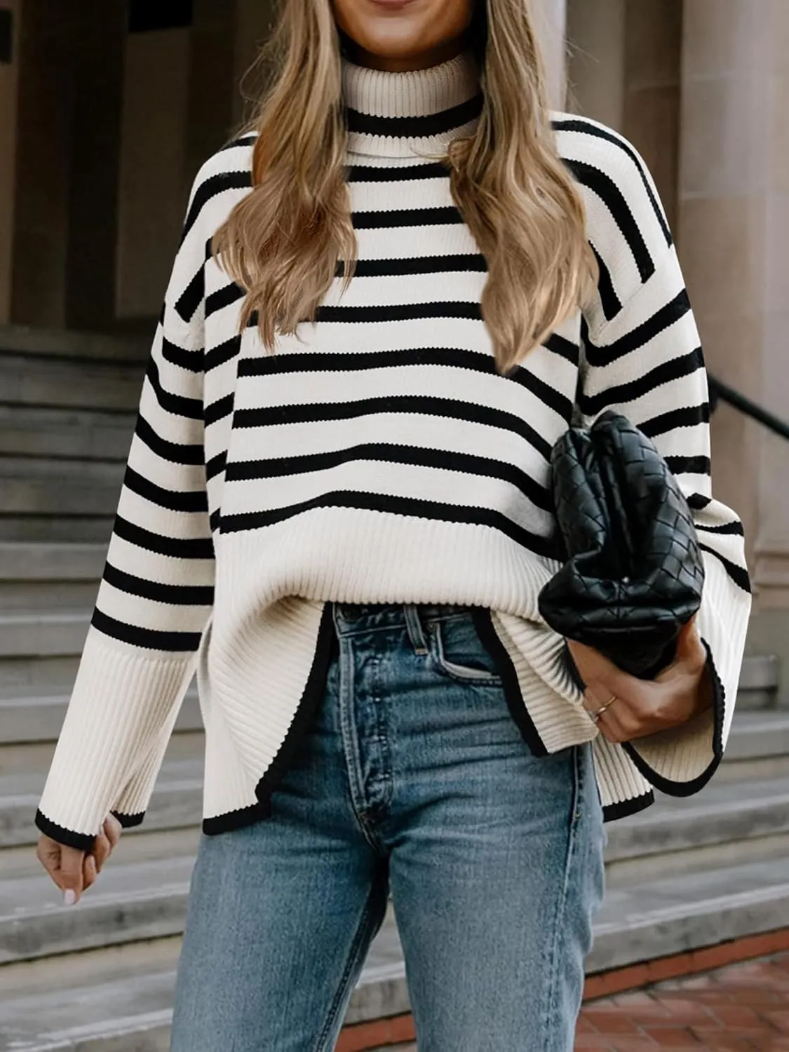 Fall Sweaters for Women Pullover Long Sleeve Turtleneck Striped Knit Tops Loose Casaul