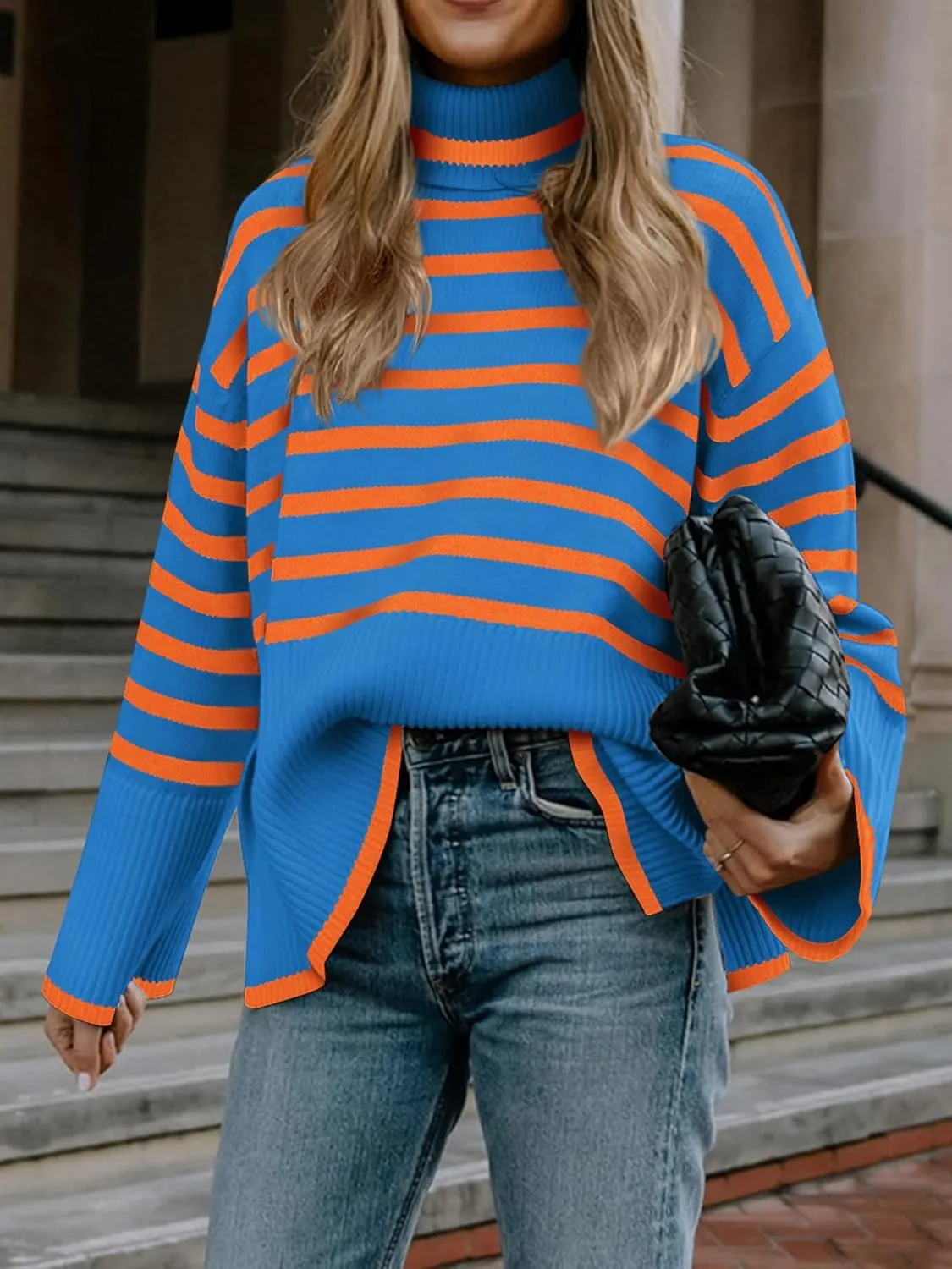 Fall Sweaters for Women Pullover Long Sleeve Turtleneck Striped Knit Tops Loose Casaul