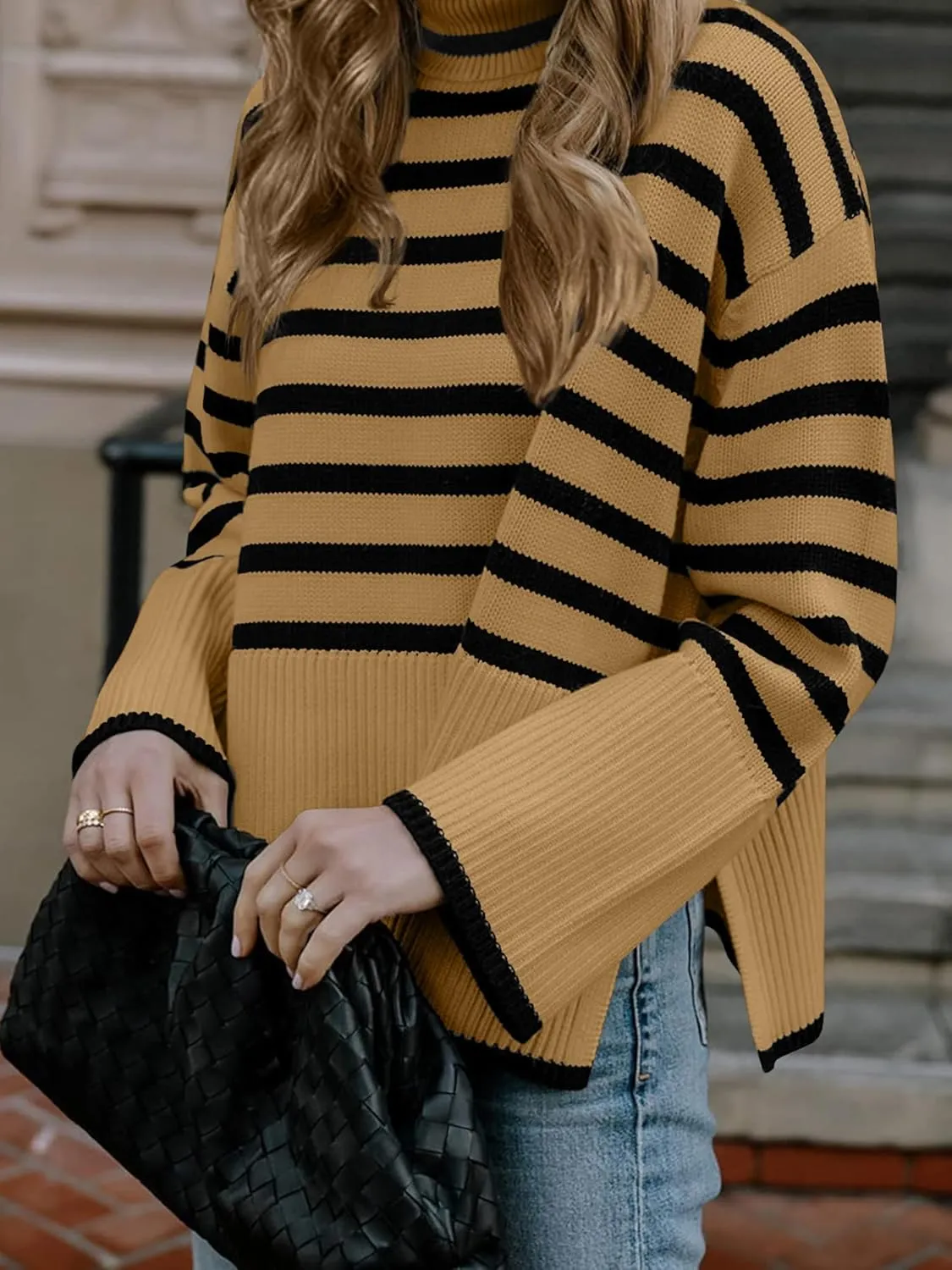 Fall Sweaters for Women Pullover Long Sleeve Turtleneck Striped Knit Tops Loose Casaul