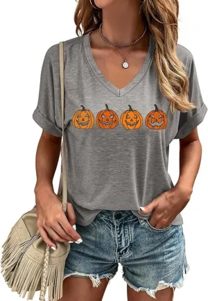 Fall V Neck T Shirt Funny Halloween Thanksgiving Graphic Tee Casual Family Halloween Costume Tops