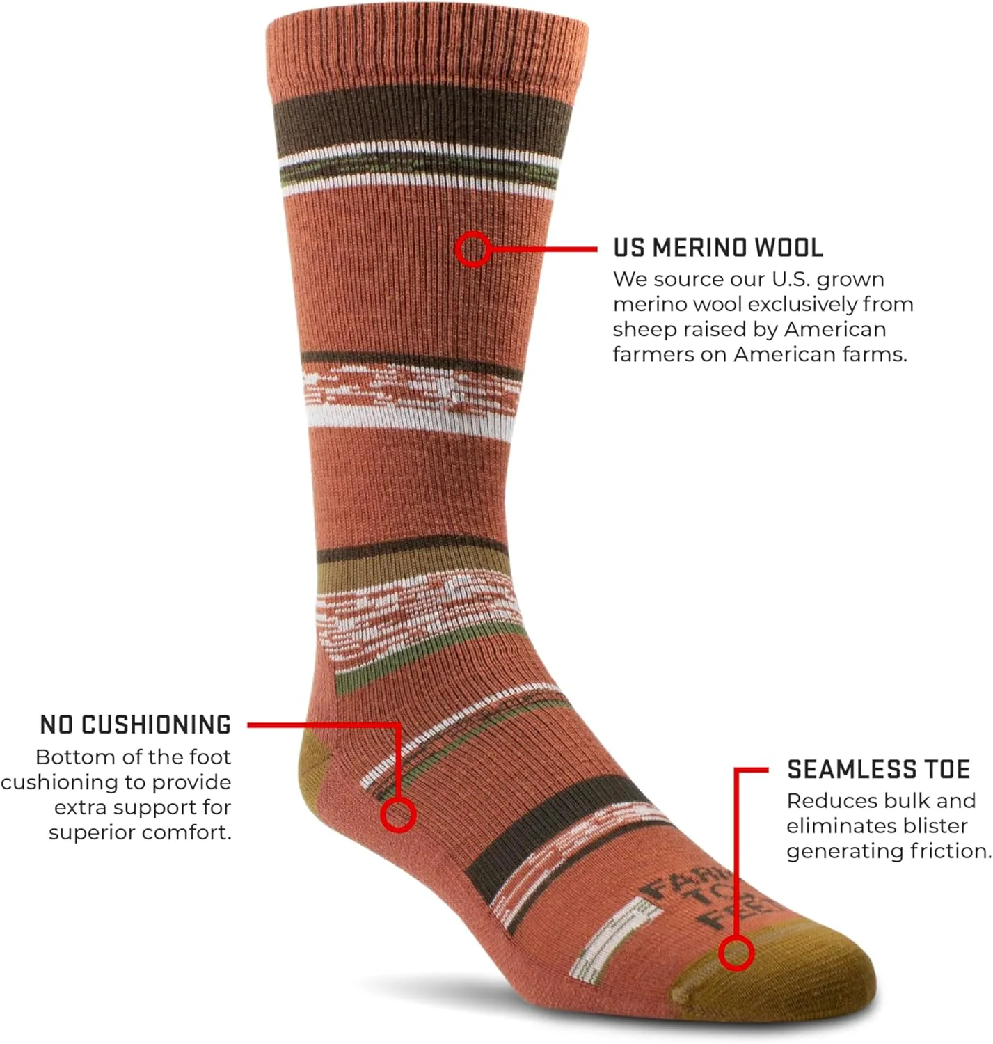 FARM TO FEET 8568 Unisex King No Cushion Merino Wool Crew Socks