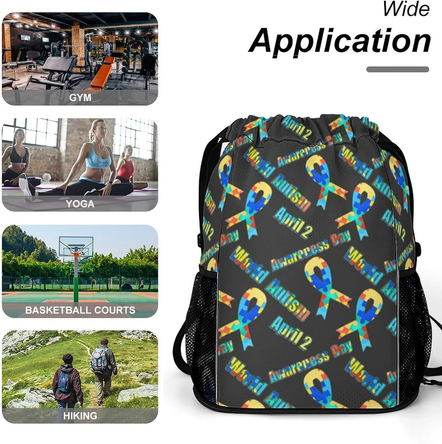 Fashion Drawstring Backpack Compatible with Colorful Puzzle Autism Awareness Ribbon Black Gym Bags with Zipper Pockets Waterproof Shoes Compartment, Multifunction Drawstring Bag for Cycling Hiking