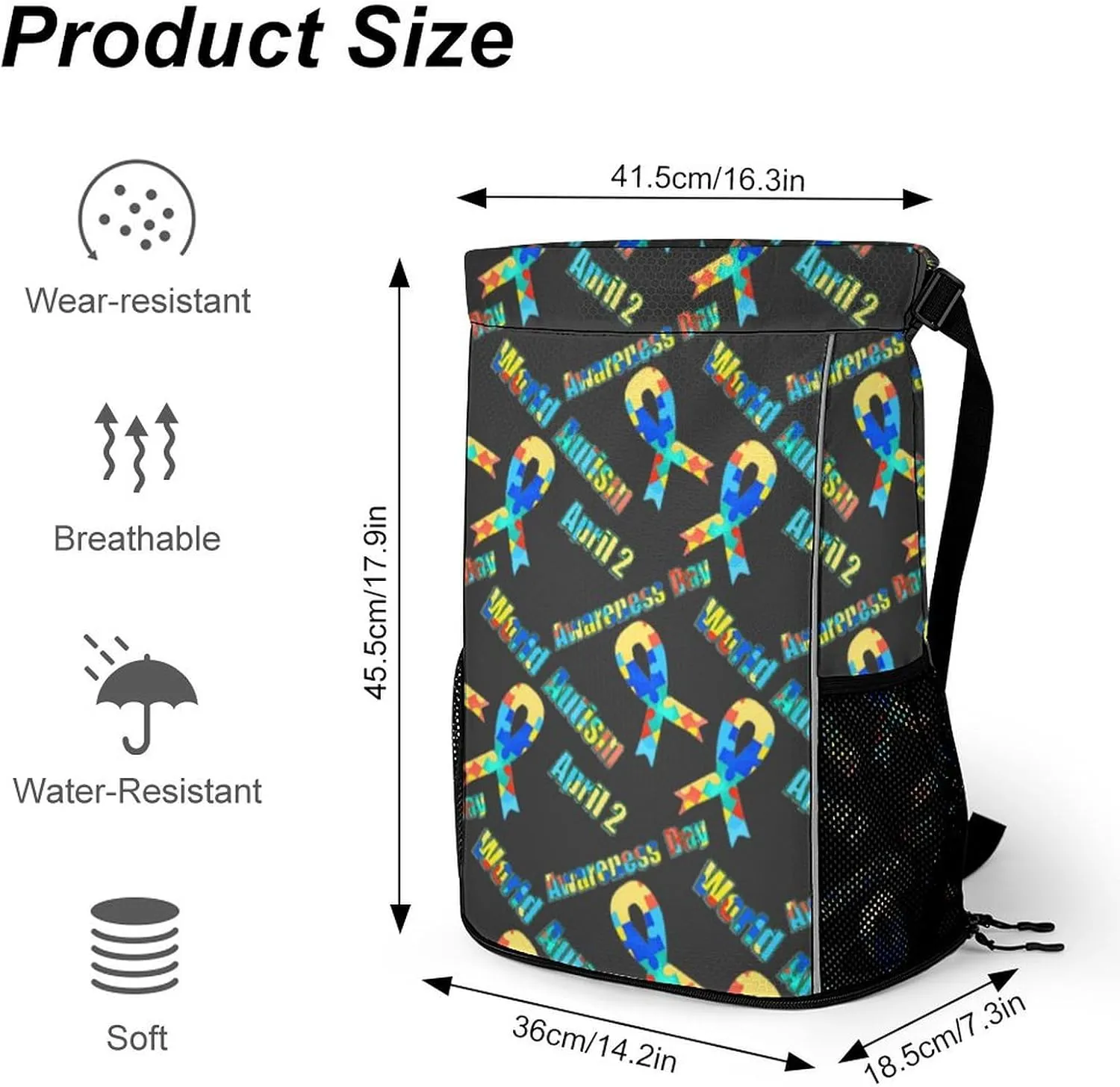 Fashion Drawstring Backpack Compatible with Colorful Puzzle Autism Awareness Ribbon Black Gym Bags with Zipper Pockets Waterproof Shoes Compartment, Multifunction Drawstring Bag for Cycling Hiking