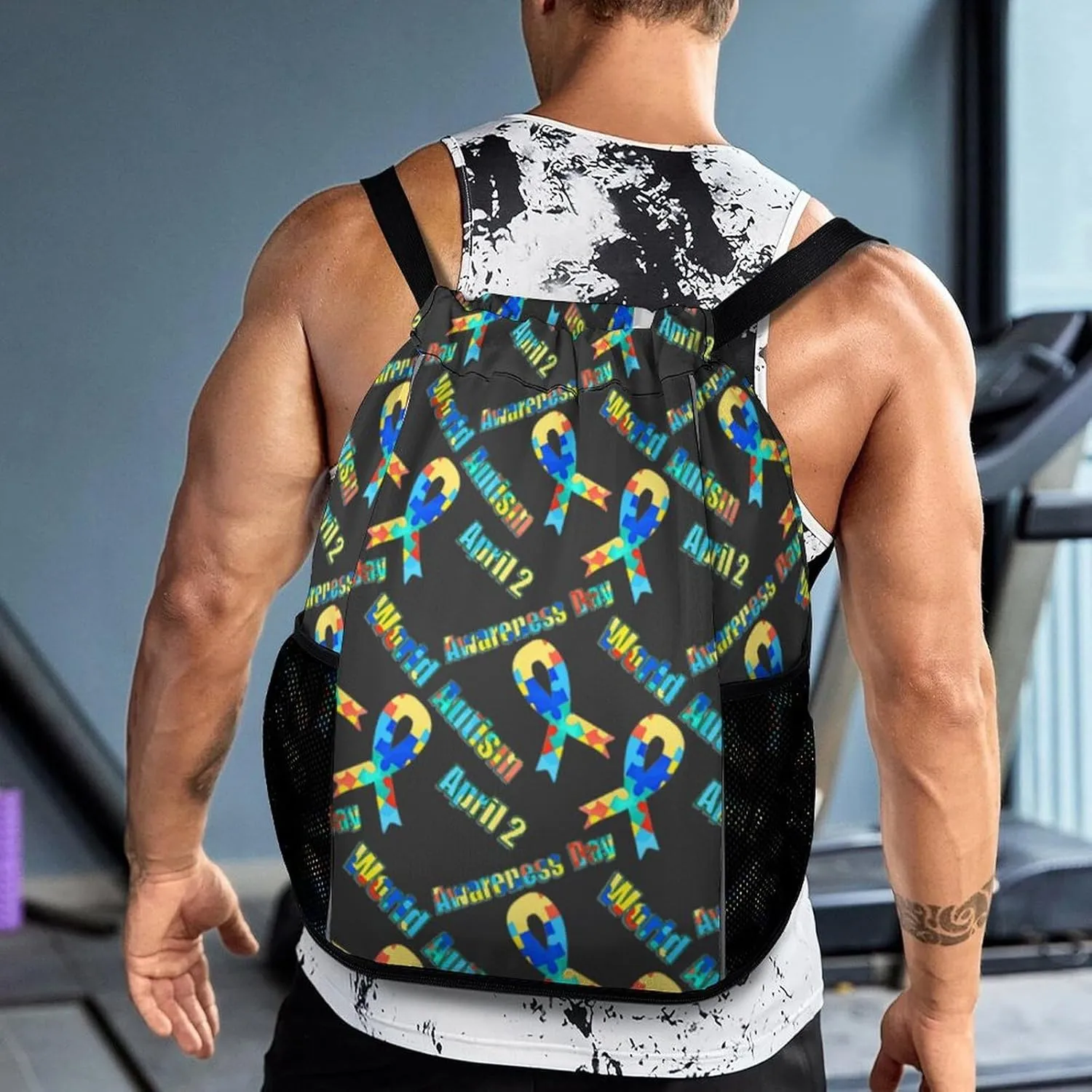 Fashion Drawstring Backpack Compatible with Colorful Puzzle Autism Awareness Ribbon Black Gym Bags with Zipper Pockets Waterproof Shoes Compartment, Multifunction Drawstring Bag for Cycling Hiking
