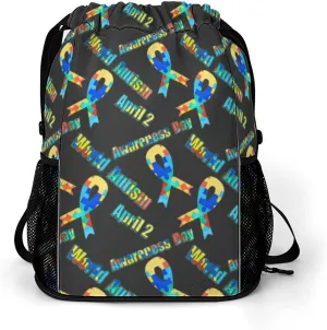 Fashion Drawstring Backpack Compatible with Colorful Puzzle Autism Awareness Ribbon Black Gym Bags with Zipper Pockets Waterproof Shoes Compartment, Multifunction Drawstring Bag for Cycling Hiking
