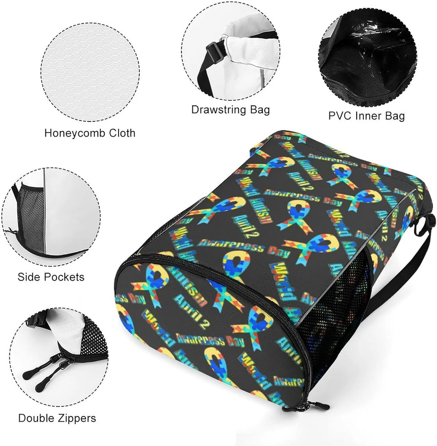 Fashion Drawstring Backpack Compatible with Colorful Puzzle Autism Awareness Ribbon Black Gym Bags with Zipper Pockets Waterproof Shoes Compartment, Multifunction Drawstring Bag for Cycling Hiking