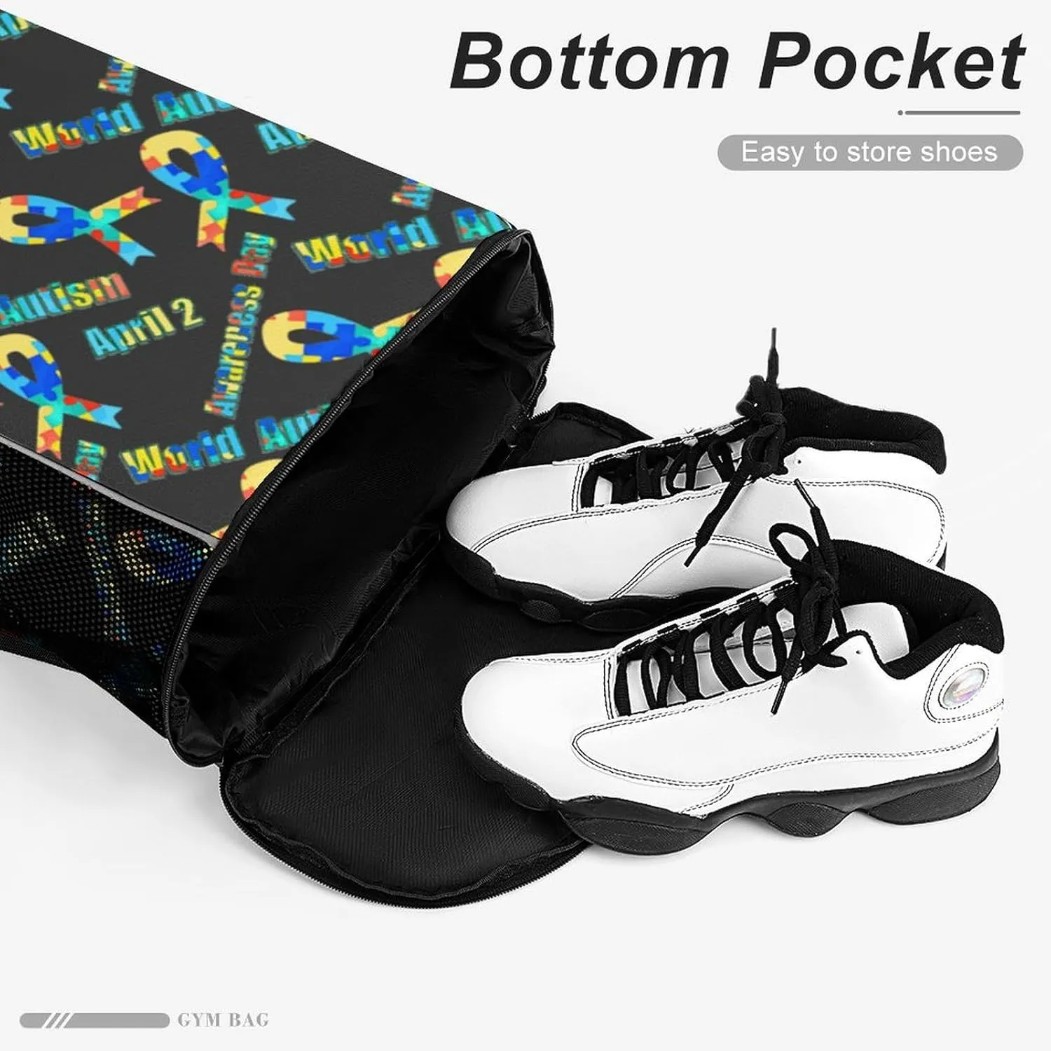 Fashion Drawstring Backpack Compatible with Colorful Puzzle Autism Awareness Ribbon Black Gym Bags with Zipper Pockets Waterproof Shoes Compartment, Multifunction Drawstring Bag for Cycling Hiking