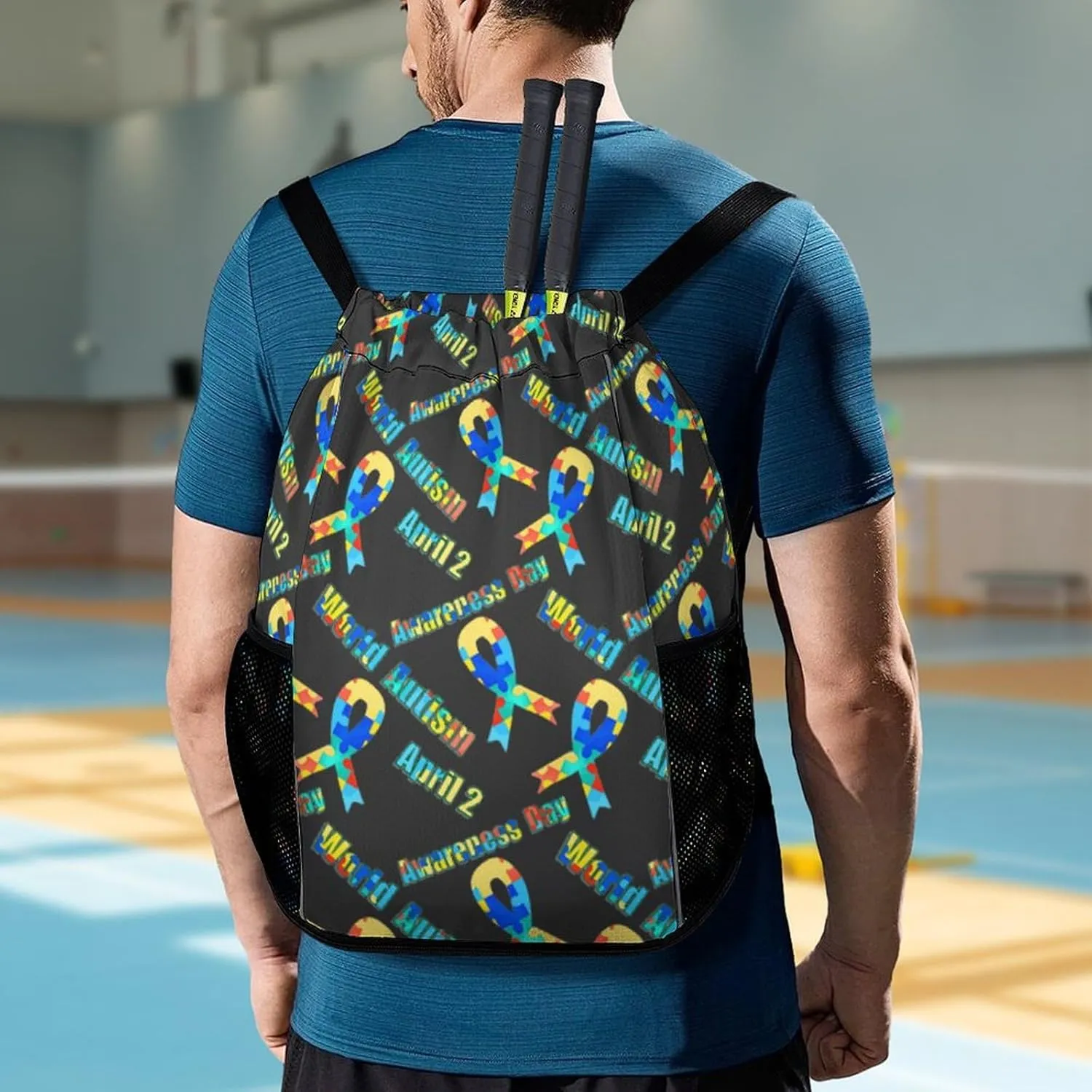 Fashion Drawstring Backpack Compatible with Colorful Puzzle Autism Awareness Ribbon Black Gym Bags with Zipper Pockets Waterproof Shoes Compartment, Multifunction Drawstring Bag for Cycling Hiking