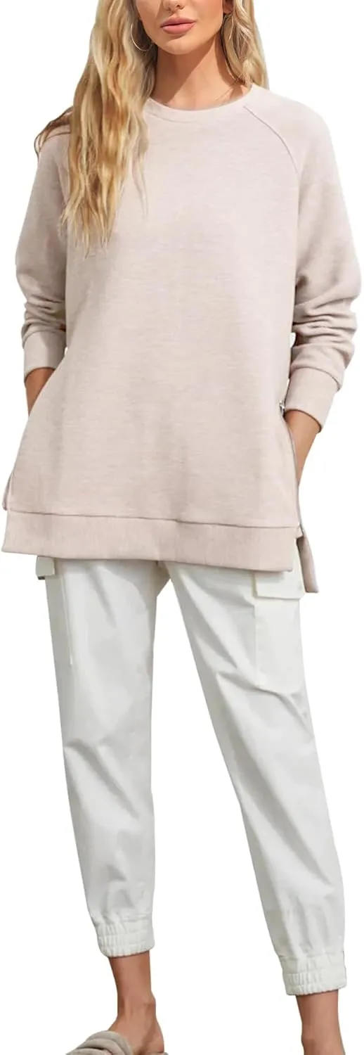 Fazortev Women's Oversized Sweatshirts Long Sleeve Crew Neck Ribbed Pullover Loose Side Zipper Tunic Tops