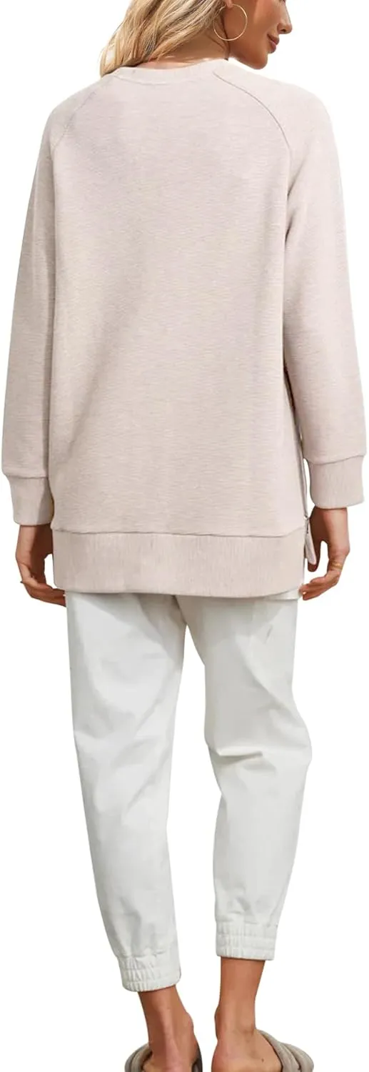 Fazortev Women's Oversized Sweatshirts Long Sleeve Crew Neck Ribbed Pullover Loose Side Zipper Tunic Tops