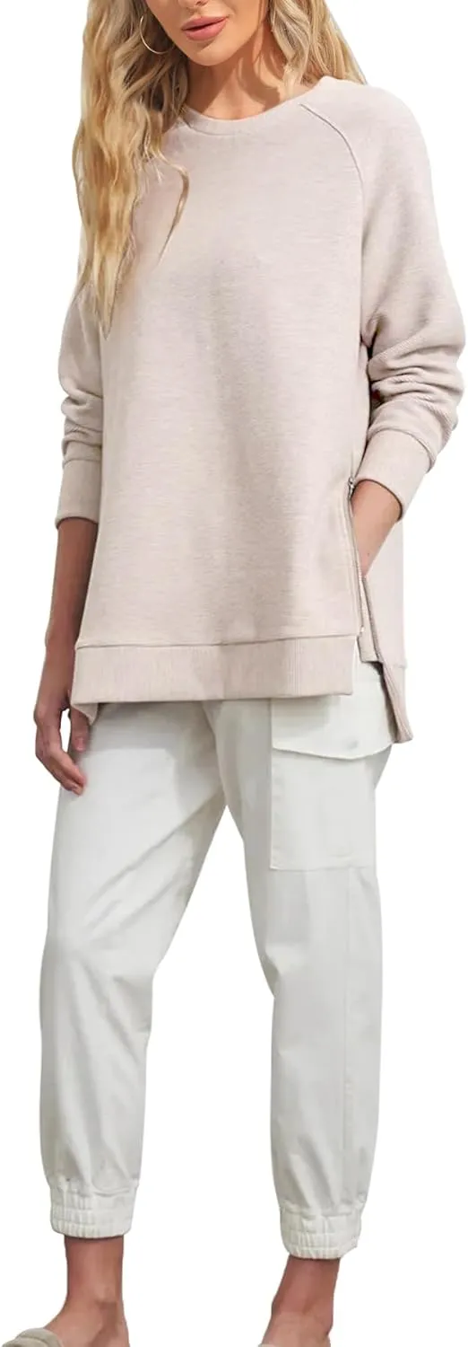 Fazortev Women's Oversized Sweatshirts Long Sleeve Crew Neck Ribbed Pullover Loose Side Zipper Tunic Tops