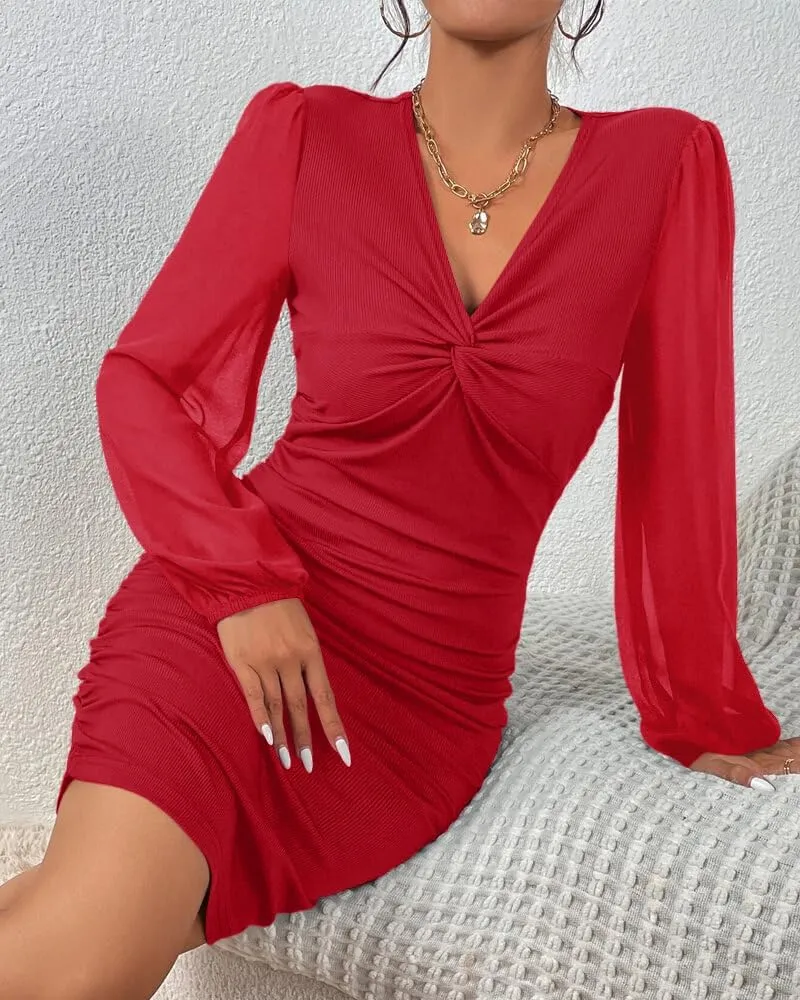 Fisoew Women's V Neck Party Dresses Slim Fitted Long Sleeve Twist Knot Ribbed Mini Club Bodycon Dress