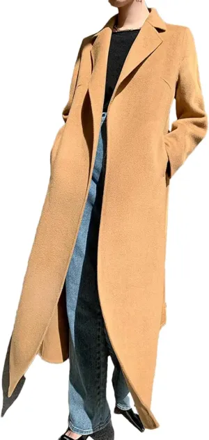 Fjnbbiot Cashmere Coat Women's Medium Length Elegant Notched Collar Double Breasted Wool Blend Over Coat