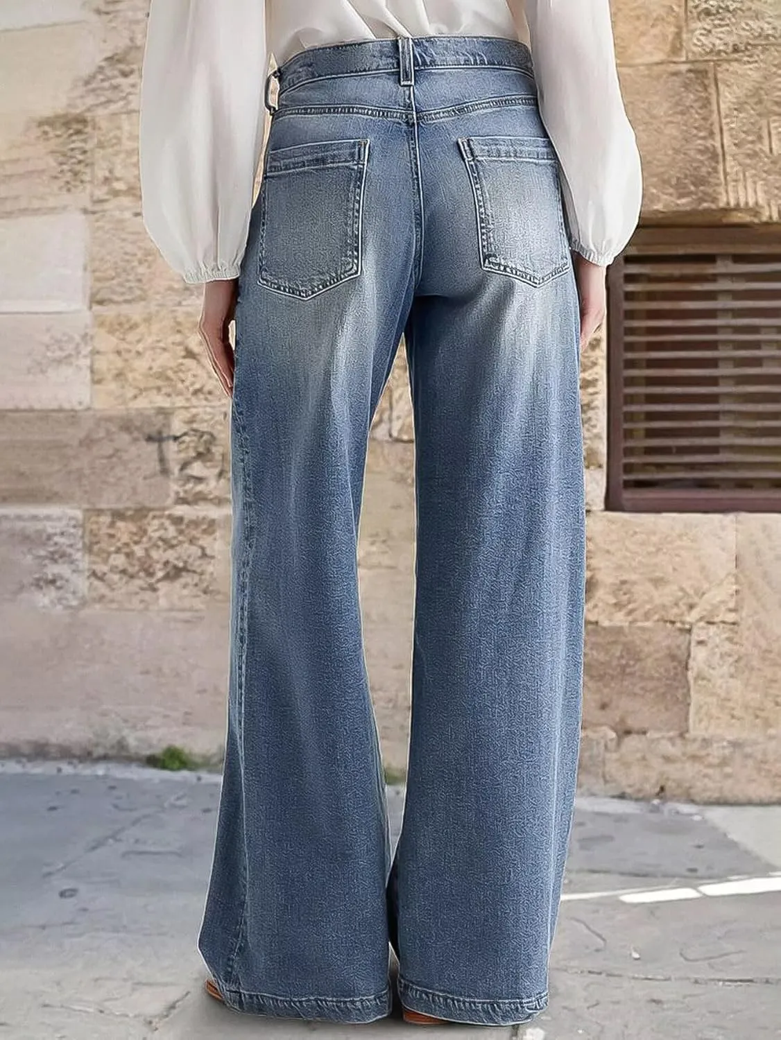 Flamingals Wide Leg Jeans for Women Mid Waist Baggy Stitch Decor Denim Washed Pants Without Belt