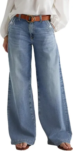 Flamingals Wide Leg Jeans for Women Mid Waist Baggy Stitch Decor Denim Washed Pants Without Belt