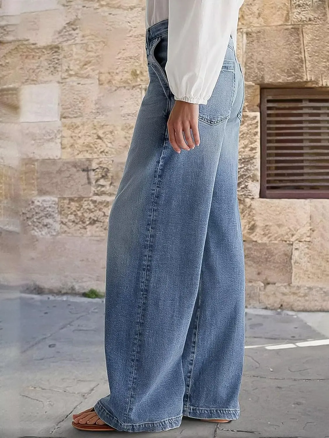 Flamingals Wide Leg Jeans for Women Mid Waist Baggy Stitch Decor Denim Washed Pants Without Belt